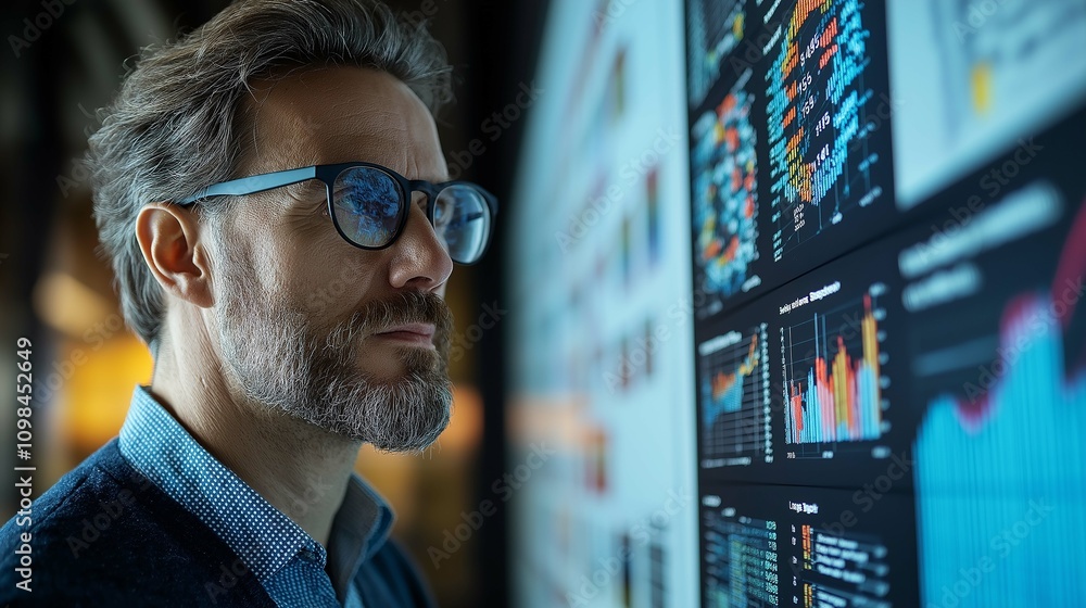 Poster professional man analyzing data trends on digital screen display