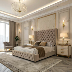 Fototapeta premium Luxurious Bedroom with Tufted Velvet Headboard, Ambient Lighting, and Gold Accents