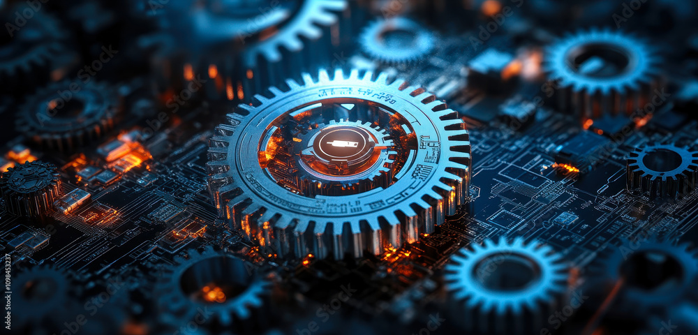 Poster cyber security and privacy protection with mechanical gears and digital lock technology
