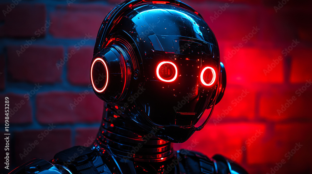 Aufkleber futuristic ai robot with glowing red eyes symbolizing artificial intelligence in music technology