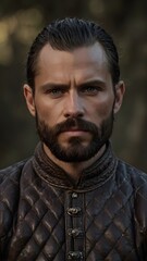 Fototapeta premium Viking Warrior with Braided Beard and Battle Armor in a Fierce and Intense Forest Scene