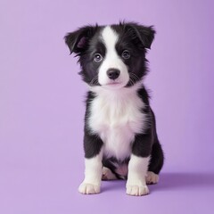 Adorable Black and White Border Collie Puppy on Purple Background