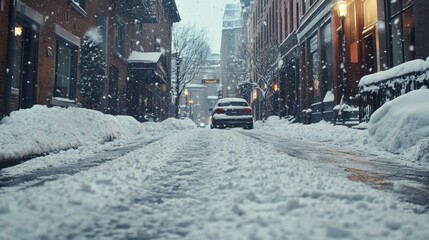 Fototapeta premium Fluffy white snow on street banner composition background 
