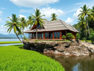 A small hut surrounded by a river and tall grass, with a peaceful and serene atmosphere.