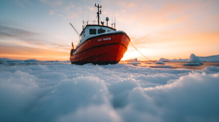 Fototapeta premium Small Red Ship Stuck in the Snow with an Arctic Backdrop – A Striking Scene of Survival in Harsh, Icy Conditions