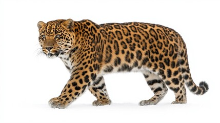 Fototapeta premium Majestic Leopard Walking Gracefully on White Background
