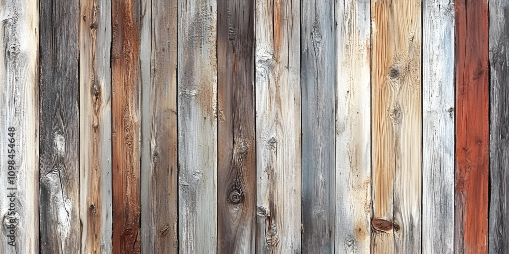 Aufkleber Rustic Wood Plank Texture: A captivating backdrop of weathered wood planks, each with its unique character and color, creates a rustic and charming visual.