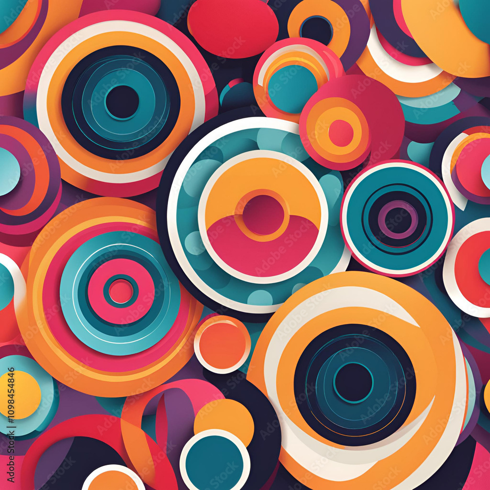 Poster a vibrant abstract composition featuring colorful concentric circles, creating a dynamic and playful