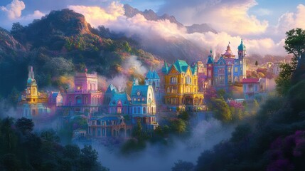 Obraz premium A magical morning scene of colorful, clean homes surrounded by misty mountains and glowing sunlight.