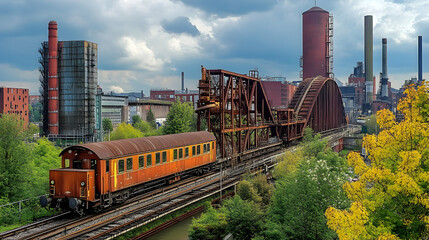 Obraz premium Rusty Train Crosses Industrial Bridge Landscape