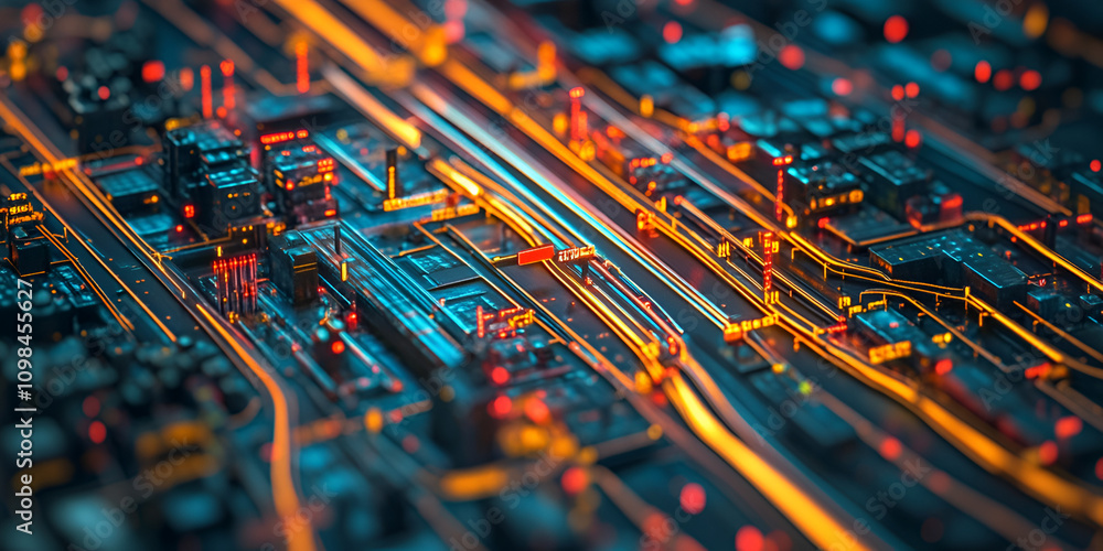 Poster abstract circuitry: an intricate network of glowing wires and circuits, reminiscent of a technologic