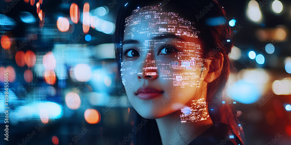 Poster digital identity: a woman's face is adorned with a digital overlay of binary code, reflecting the in