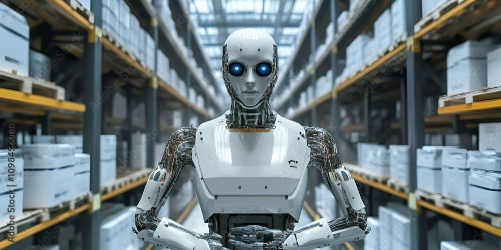 Poster the future of logistics: a humanoid robot stands tall in a modern warehouse, its gaze fixed on the v