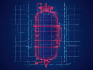 Advanced biopharmaceutical reactor, crosssectional engineering blueprint, 3D illustration
