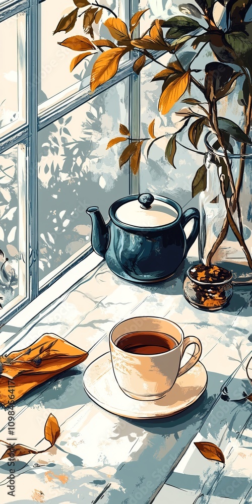 Poster a white cup with a black handle sits on a table next to a teapot. a piece of paper is on the table w