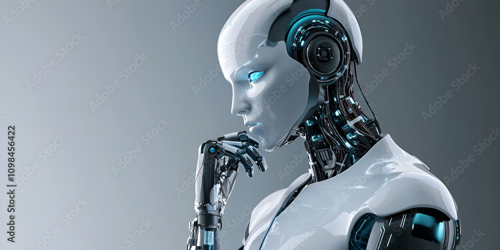Poster the ai contemplation: a captivating close-up of a humanoid robot, its intricate mechanical features 