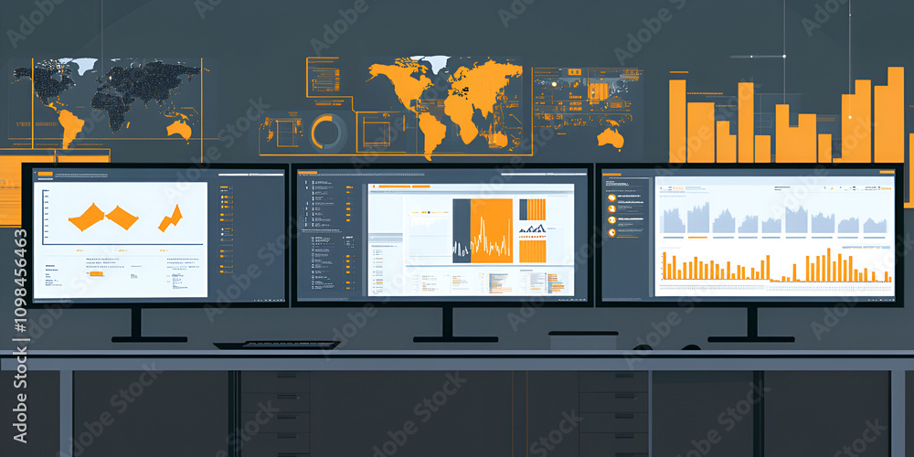 Poster global data monitoring: triple monitor setup with world map and charts