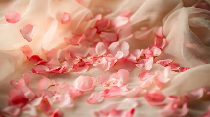 Obraz premium Delicate pink rose petals scattered on soft fabric, creating a romantic ambiance.