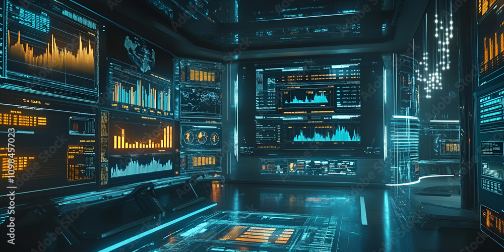Poster futuristic data center: a sleek and modern data center interior filled with glowing screens displayi