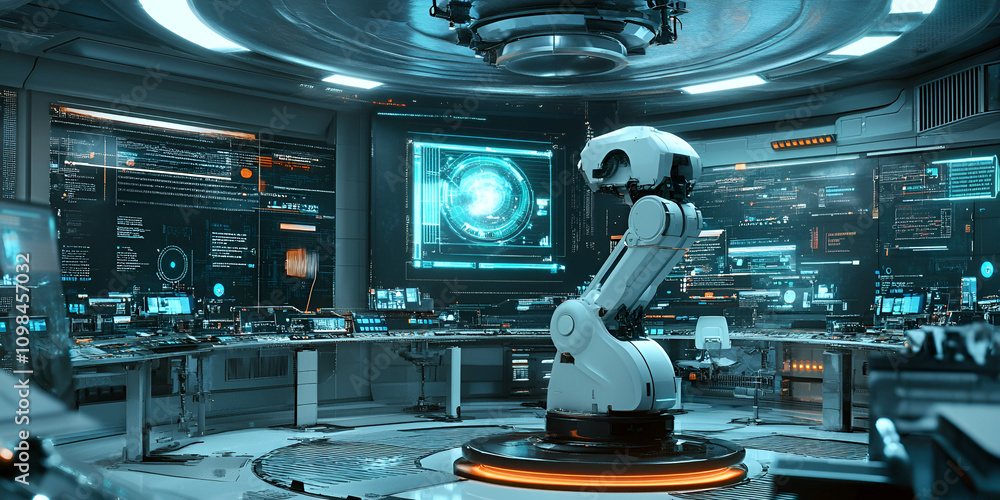 Poster futuristic robotics lab: sleek robotic arm in a high-tech laboratory, surrounded by advanced compute