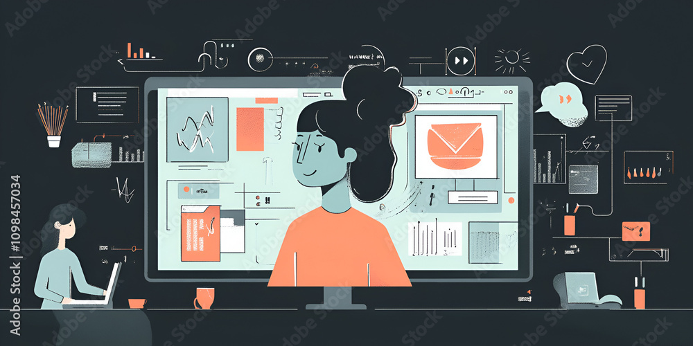 Poster digital nomad's workflow: a stylized illustration of a female graphic designer or programmer immerse