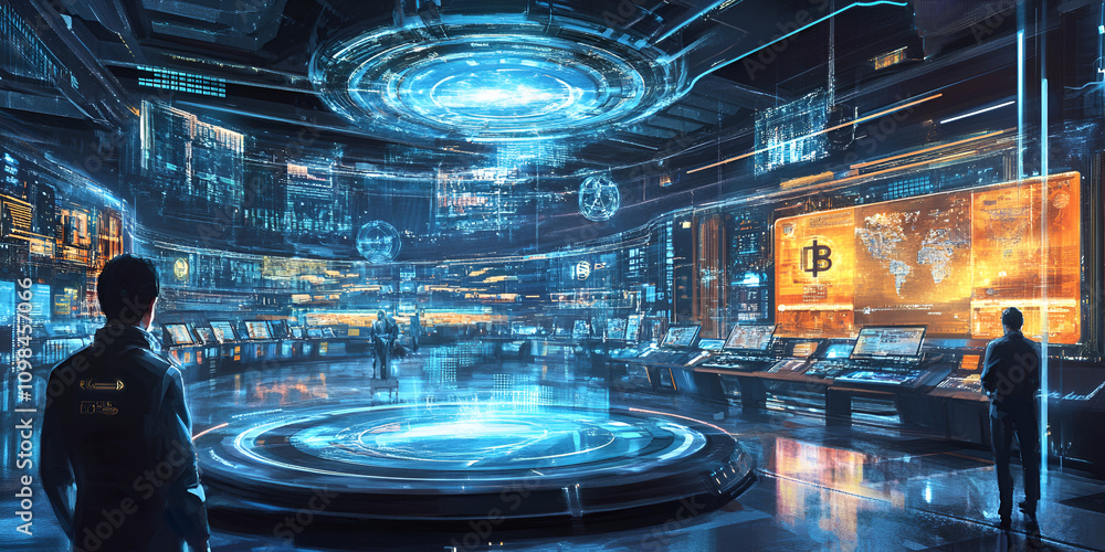 Poster futuristic control room: a mesmerizing futuristic control room filled with holographic displays and 