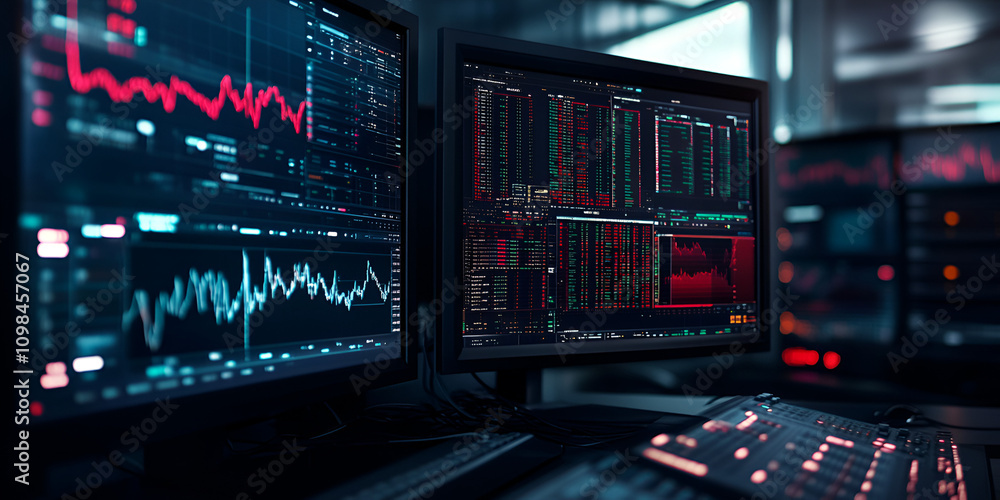 Poster cyber trading room: intense focus on multiple monitors displaying dynamic stock market data and fina