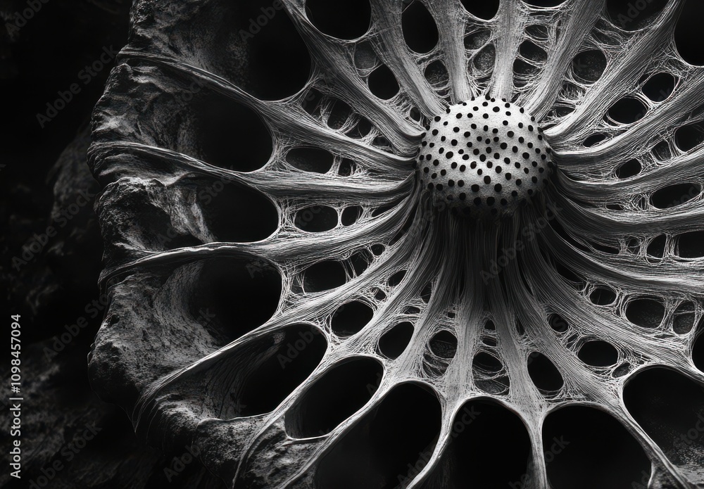 Poster intricate black and white organic structure with delicate web-like patterns and central sphere, feat