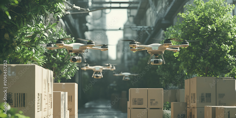 Poster drone delivery in urban jungle: futuristic aerial delivery system with multiple drones navigating a 