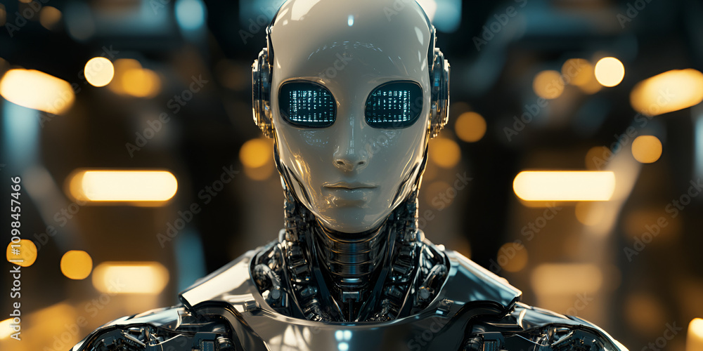 Poster android's gaze: a close-up of a sleek, humanoid robot, its metallic features gleaming under futurist