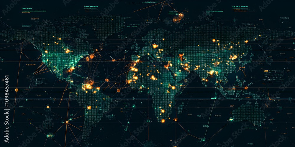 Poster global network: a stylized map of the world with glowing cities and interconnected lines, symbolizin