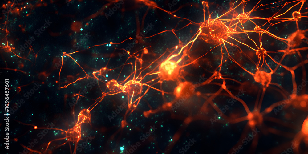 Poster neural network glowing in the dark: microscopic view of vibrant, glowing neurons forming complex con