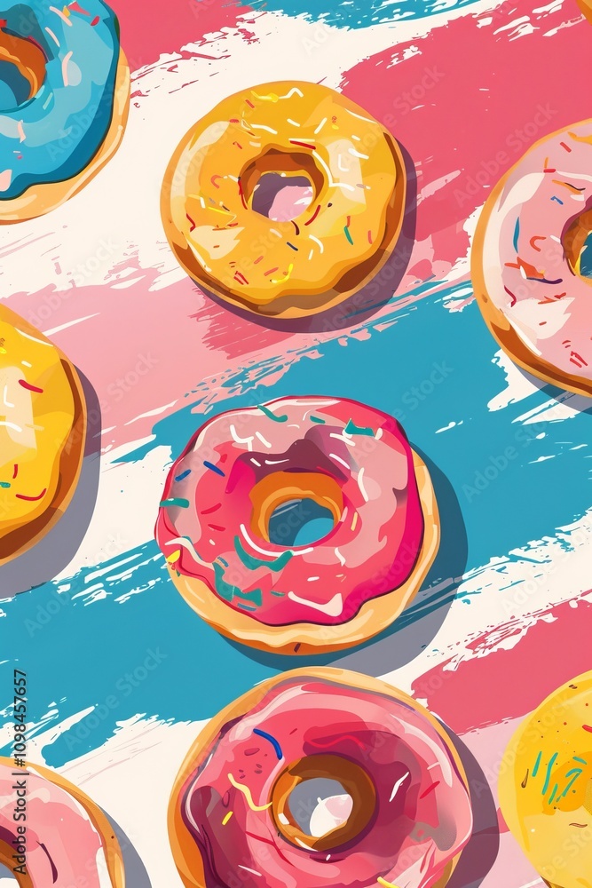 Poster A vibrant pattern of colorful donuts with sprinkles on a dynamic brush stroke background, perfect for playful and modern design themes.