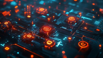 Obraz premium A close-up view of a futuristic circuit board with glowing elements and intricate designs.