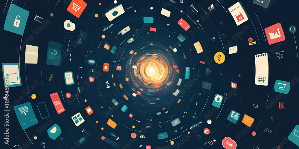 Poster digital vortex: a swirling vortex of colorful app icons and digital elements symbolizing the interco