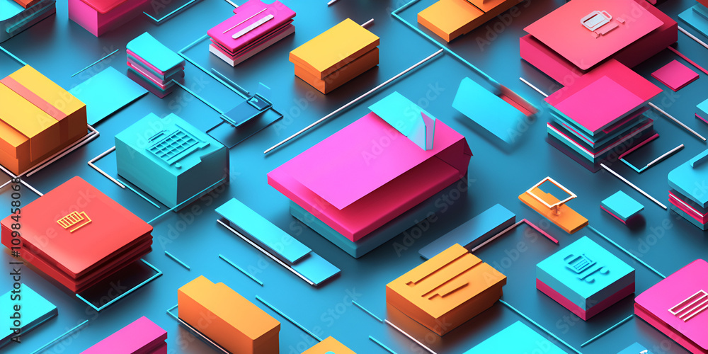 Poster vibrant data stream: abstract 3d rendering of colorful geometric shapes and interconnected lines, sy