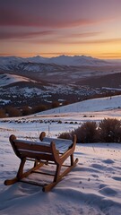 A wooden sled is sitting on a snowy hillside