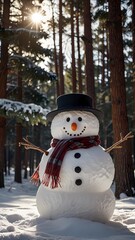 A snowman with a red scarf and a black hat stands in the snow