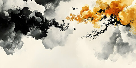 Obraz premium Abstract Ink Wash Painting. Birds Fly Between Two Trees