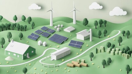 A conceptual illustration of a green energy microgrid powering a rural community with solar panels and biomass digesters, symbolizing decentralized energy solutions and community resilience