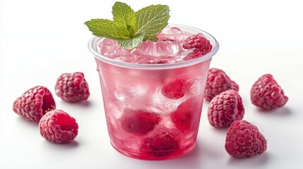 Refreshing Raspberry Mint Drink in Clear Plastic Cup with Ice