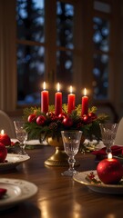A table with a Christmas table setting with a vase of candles