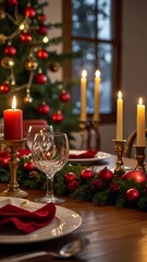A table with a Christmas tree and candles on it