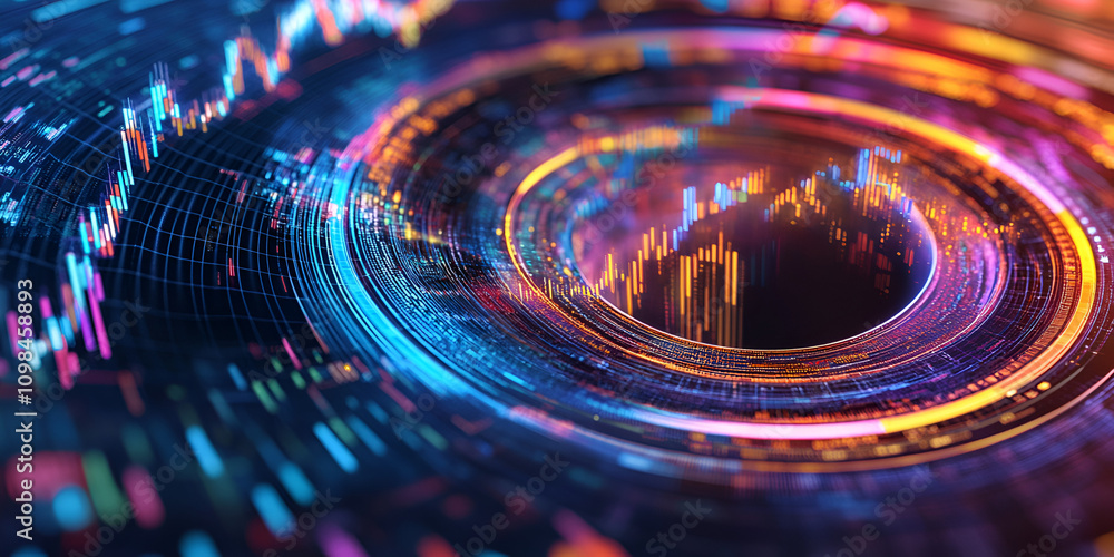 Poster abstract data vortex: a mesmerizing swirl of vibrant data lines, radiating from a central black hole