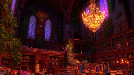 Fototapeta premium A mystical library with books floating in midair, illuminated by a glowing crystal chandelier casting rainbow light.