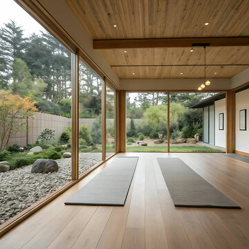 Serene Yoga Studio with Wooden Floors, Minimalist Decor, and Garden Views