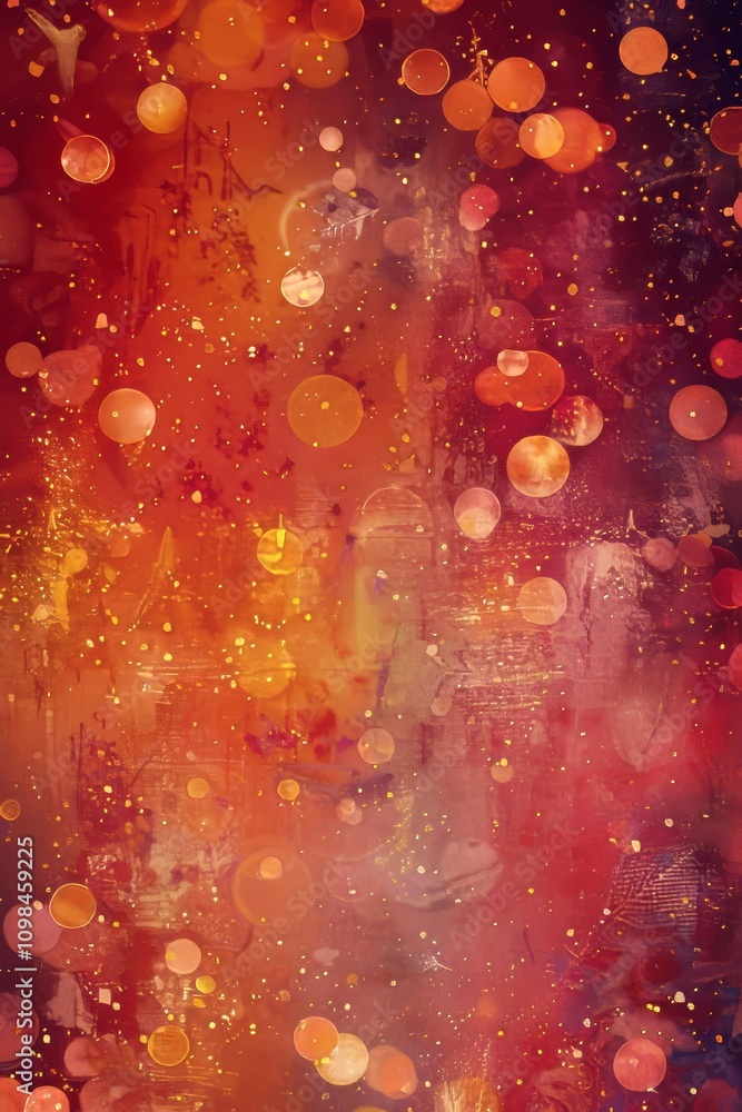 Poster a dynamic abstract image featuring colorful bokeh lights and textured elements in warm hues, perfect