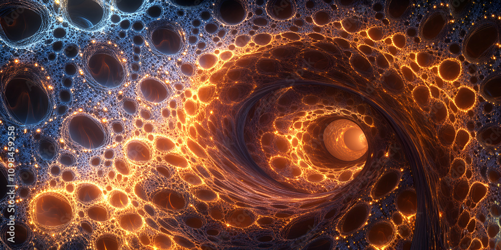 Poster cosmic swirl: abstract fractal art depicting a mesmerizing vortex of glowing orange and blue energy,