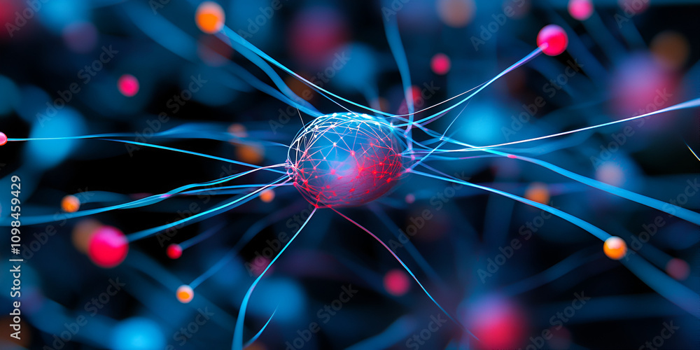 Poster neural network: a microscopic view of a neuron, with its intricate network of dendrites and axons, r