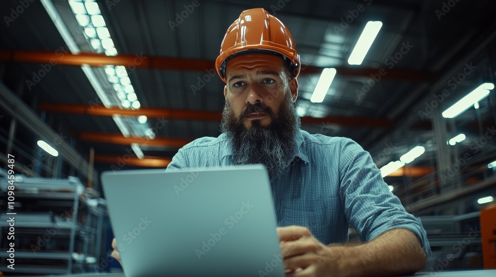 Poster business engineer analyzing data in factory industrial workspace digital content technology focused 